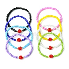 8Pcs 8 Colors Glass Seed Beaded Stretch Bracelet Sets, Red Resin Rose Flower Stackable Bracelets