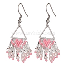 Glass Seed Beaded Tassel Dangle Earring, 304 Stainless Steel Triangle Earrings