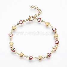 Ion Plating(IP) 304 Stainless Steel Link Chain Bracelets, with Enamel and Lobster Claw Clasps, Heart with Evil Eye