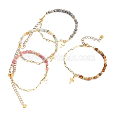 Charm Bracelets, with Natural Gemstone Beads, 304 Stainless Steel Cross Charms, Brass Paperclip Chains & Round Beads