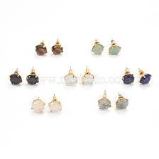 Gemstone Stud Earrings, with Golden Tone Brass Findings, Faceted Flat Round