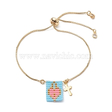 Glass Seed Heart & Brass Cross Charms Silder Bracelets, with Box Chains