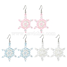 Christmas Snowflake Glass Seed Braided Dangle Earrings, with Imitation Pearl Beads