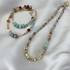 Blue Natural Stone Necklace Vintage Pattern Beaded Colorful Collar Chain.