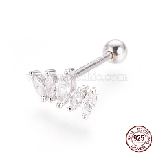 925 Sterling Silver Barbell Cartilage Earrings, Screw Back Earrings, with Micro Pave Clear Cubic Zirconia, with 925 Stamp, Crown