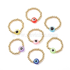 7Pcs 7 Color Resin Evil Eye & 304 Stainless Steel Beaded Stretch Finger Rings, Stackable Adjsutable Rings for Women