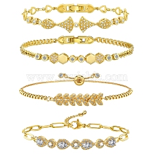 Brass Micro Pave Cubic Zirconia Bracelets for Women, Leaf/Teardrop/Hexagon, Golden