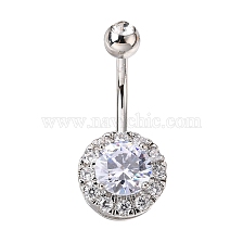 Piercing Jewelry Platinum Plated Brass Round Cubic Zirconia Navel Ring Navel Ring Belly Rings, with 304 Stainless Steel Bar, 28x12mm