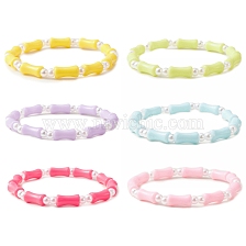 6Pcs 6 Color Bamboo Stick Acrylic & ABS Plastic Pearl Beaded Stretch Bracelets Set, Stackable Bracelets for Kids