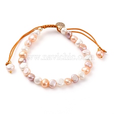 Adjustable Nylon Thread Braided Bead Bracelets, with Natural Cultured Freshwater Pearl Beads and Flat Round Brass Charms, Real 18K Gold Plated