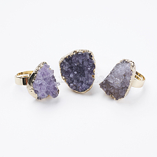 Adjustable Natural Druzy Amethyst Finger Rings, Nuggets, Size 8, Golden