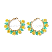 Glass Seed Beads Sunflower Hoop Earrings, with Iron Huggie Hoop Earring Findings, Golden