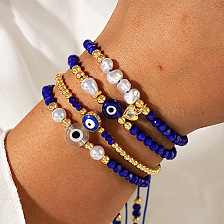 Blue Crystal Bead Drop Oil Eye Bracelet with Pearl Heart Pendant Set.