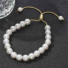 Shell Pearl Beaded Slider Bracelet with Brass Snake Chain, Lead Free & Cadmium Free, Real 18K Gold Plated, Beads: 8mm, Inner Diameter: 1-1/2~2-1/2 inch(3.75~6.4cm)