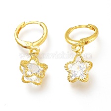 Brass Huggie Hoop Earrings, with Clear Cubic Zirconia, Flower