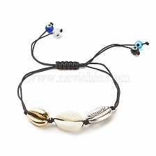 Acrylic & Alloy Shell Braided Bead Bracelet with Lampwork Evil Eye, Adjustable Bracelet for Women