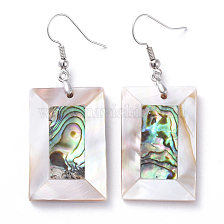 White Shell & Abalone Shell/Paua Shell Dangle Earrings, with Brass Ice Pick Pinch Bails and Earring Hooks, Rectangle