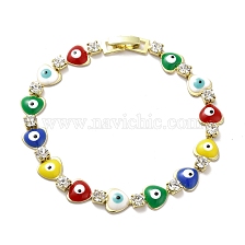 Rack Plating Iron Heart & Square Link Chains Bracelets, Enamel Evil Eye Bracelet with Clear Cubic Zirconia, Golden