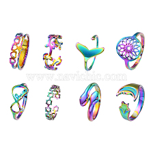 8Pcs 8 Style Heart & Infinity & Whale Tail & Snake 304 & 201 Stainless Steel Cuff Rings Set for Women