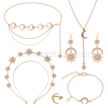 ANATTASOUL Moon & Star & Sun Rhinestone Jewelry Set, Alloy Dangle Earrings & Chain Belt & Open Cuff Rings & Charm Bracelet & Cable Chains Lariat Necklace & Layer Hair Bands