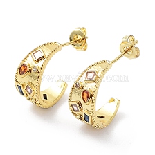 Colorful Cubic Zirconia Crescent Moon Stud Earrings, Rack Plating Brass Earrings, Cadmium Free & Lead Free, Real 18K Gold Plated, 15.5x14x7mm