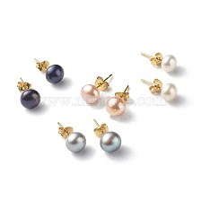 Natural Pearl Rondelle Stud Earrings, 304 Stainless Steel Earring Post, Golden