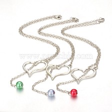 Alloy Silver Color Plated Heart Lariat Necklaces, with Glass Pearl Beads, Iron Cable Chains and Zinc Alloy Lobster Claw Clasps, 20.2 inch 