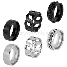 FIBLOOM 6Pcs 6 Style Titanium Steel Plain & Curb Chains Finger Rings Set for Women