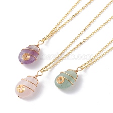 Teardrop Natural Mixed Stone Pendant Necklace, Spiral Wire Wrap Stone Bead Necklace, Golden