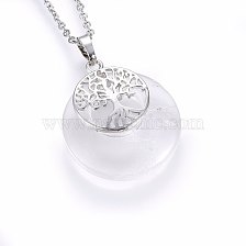 Mixed Gemstone Pendant Necklaces, with 304 Stainless Steel Findings, Flat Round with Tree