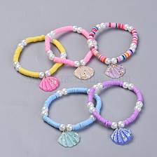 Handmade Polymer Clay Heishi Beads Kids Stretch Bracelets, with Glass Pearl and Resin Paillette Pendants, Shell