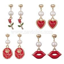 Valentine's Day Alloy Enamel Dangle Stud Earrings with Brass Pins, Natural Pearl Beaded Drop Earrings