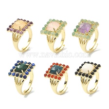 Natural & Synthetic Mixed Gemstone Rectangle Adjustable Ring, Real 18K Gold Plated Brass Wide Ring for Women