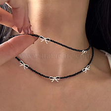 925 Sterling Silver Natural Black Tourmaline Butterfly Bow Necklace Women