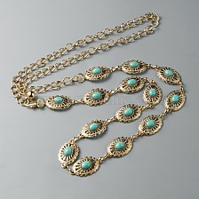 Synthetic Turquoise Oval Link Chain Waist Belts, Alloy Chain Belt for Shirt Skirt Dress Overcoat