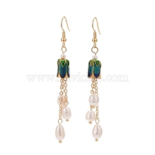 Flower Alloy Enamel Dangle Earrings, Natural Pearl Tassel Earrings for Women