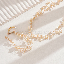 Fashionable multi-layered pearl necklace and bracelet set for elegant ladies.