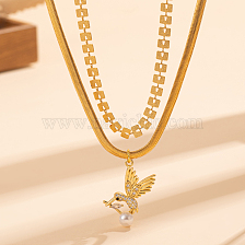 Vintage Copper Inlaid Zirconia Bird Pendant Double Layer Necklace for Women