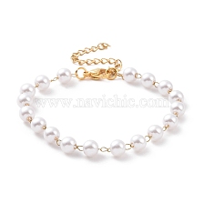 Round Plastic Imitation Pearl Beaded Bracelets, with Vacuum Plating 304 Stainless Steel Curb Chains, White