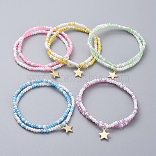 Glass Seed Beaded Kids Stretch Bracelets, Stackable Bracelets, with Star Brass Charms