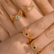 Elegant gold-plated crescent moon ring with zirconia stones for women.