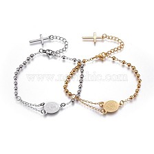 201 Stainless Steel Charm Bracelets, Religion Theme, Oval and Cross, Rosary Center Pieces