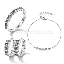 Rhodium Plated Sterling Silver Heart Finger Rings & Link Bracelets & Hoop Earrings, Colorful Cubic Zirconia Heart Jewelry Set, with 925 Stamp