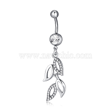 Piercing Jewelry, Brass Cubic Zirconia Navel Ring, Belly Rings, with 304 Stainless Steel Bar, Lead Free & Cadmium Free, Leaf