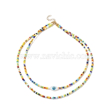 Natural Shell Horse Eye & Glass Seed Beaded Double Layer Necklace for Women