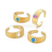 Teardrop Natural Opal Cuff Ring for Women, Real 16K Gold Plated Grooved Brass Open Ring, October Birthstone Stackable Ring, Nickel Free