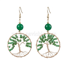 Glass Seed Beaded & Dyed Natural Malaysia Jade Dangle Earrings for Women, Ring with Tree of Life Pattern, Green