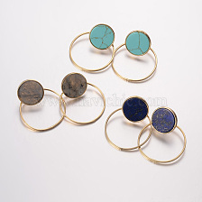 Brass Gemstone Ear Studs, Flat Round, Golden