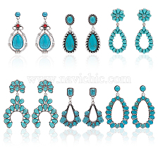 ANATTASOUL 6 Pairs 6 Style Synthetic Turquoise Teardrop & Arch Flower Dangle Stud Earrings, Drop Earrings with 304 Stainless Steel & Alloy Pins for Women