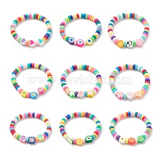 9Pcs 9 Style Handmade Polymer Clay Beaded Stretch Bracelets Set, Heart & Flower & Star & Fuit Beads Stackable Bracelets  for Kids